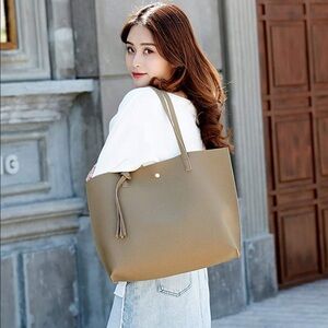 DREUBEA Soft Faux Leather Tote Tassel Shoulder Bag in Soil Apricot